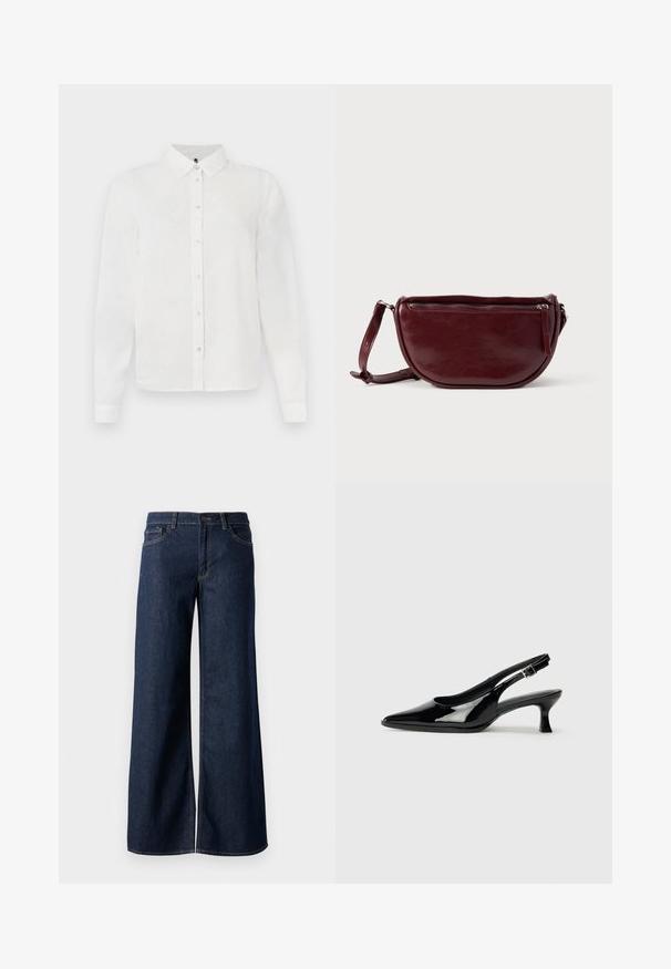 Witte lange mouw blouse met een kraaghals, voorzien van een subtiel textuurpatroon en een knopenlijst. Glad stof met een nette afwerking.; Stijlen met wijde pijpen in donkerblauw denim. Kenmerkt zich door contrasterende stiksels, vijf zakken en een knoopsluiting in de taille. Soepele textuur.; Zwarte lakleren slingback schoenen met een spitse neus en een lage blokhak. Verstelbare gespband bij de enkel.; Dieprode lederen handtas met een halve-maansvorm, een ritssluiting en een afneembare riem. Gladde textuur met een subtiele glans.