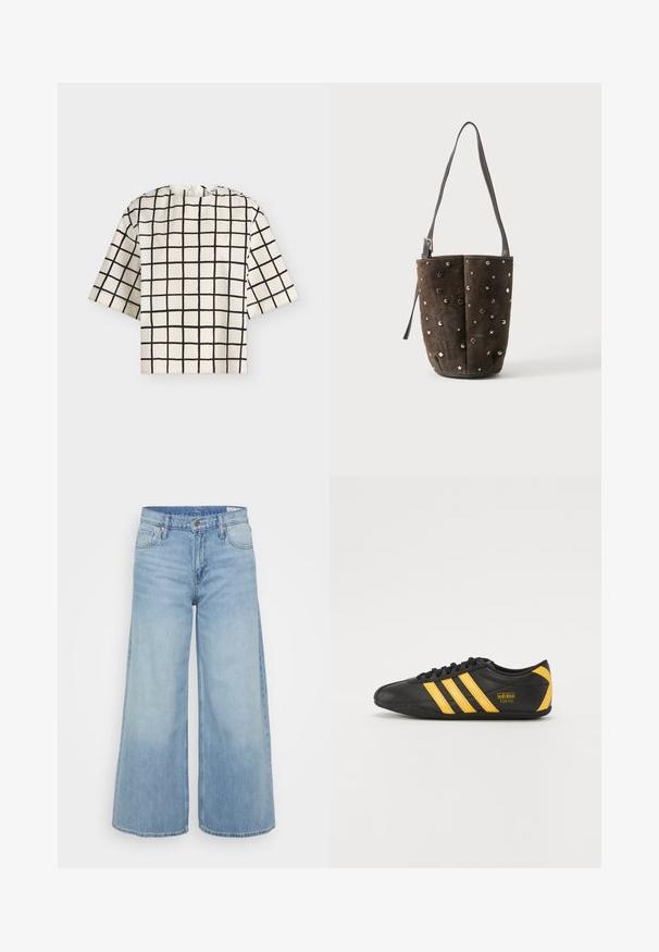 Witte top met korte mouwen met een zwart ruitpatroon, ronde halslijn en een ritssluiting aan de achterkant.; GAP Petite BAGGY DYLAN - Flared Jeans - light indigo; Zwarte leren sportschoen met geel drie-strepen ontwerp, ronde neus, zwarte veters en klein logo aan de zijkant. Laag profiel silhouet.; Bruine suède bucketbag met zilveren en gouden studs in ster-, cirkel- en diamantenvorm, met een lange verstelbare schouderriem.