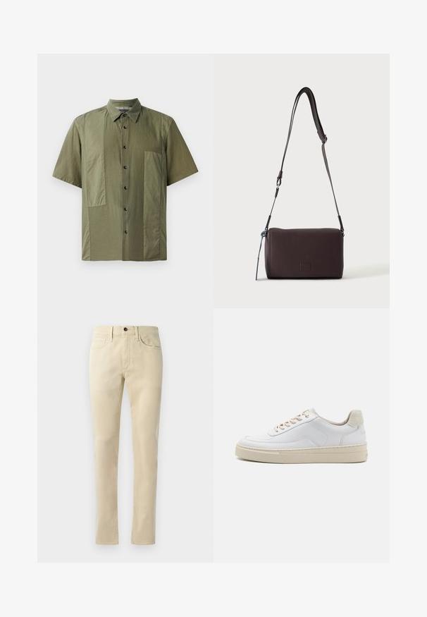 Olijfgroene overhemd met korte mouwen en een button-down kraag, van een gestructureerde stof, met grote opgestikte zakken aan de voorkant. Zwarte knopen langs de knoopsluiting.; Beige rechte broek van een katoenmengsel. Heeft een vijfzakkenontwerp, riemlussen en een zwarte knoopsluiting op de taille.; Witte sneaker met een gevoerd leren bovenwerk, beige veters en een gestructureerde beige suede hieltab. Verhoogde zool voor extra hoogte.; Donkerbruine gestructureerde leren crossbodytas met verstelbare riem en klein decoratief blauw accent aan de zijkant.
