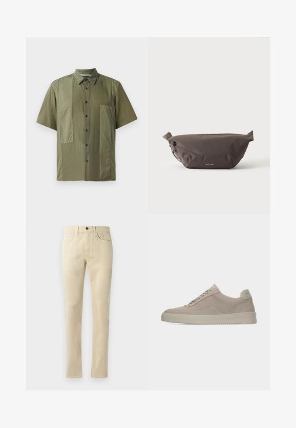 Kurze Ärmel olivgrünes Hemd mit button-down Kragen, strukturierter Stoff und großen aufgesetzten Taschen auf der Vorderseite. Schwarze Knöpfe entlang der Knopfleiste.; Beige Gerade geschnittene Hosen aus Baumwollmischung. Mit Fünf-Taschen-Design, Gürtelschlaufen und einem schwarzen Knopfverschluss an der Taille.; Beige Wildledersneaker mit strukturierter Oberfläche, abgerundeter Zehenpartie und tonalen Schnürsenkeln. Verfügt über eine dicke Gummisohle und dezente Markenkennzeichnung an der Ferse.; Dunkelbraune Stoff-Gürteltasche mit diagonalem Reißverschlussfach und kleinem weißen Logo vorne, vor einem einfarbigen hellen Hintergrund.