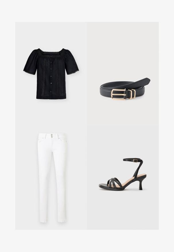 Blouse noire à manches courtes avec encolure carrée, bordure en dentelle, boutons sur le devant et petit nœud au centre de l'encolure.; Jean blanc slim à taille mi-haute, avec deux poches avant, deux poches arrière et une fermeture à double bouton.; Sandales à talons noirs avec plusieurs fines lanières sur le bout, une seule lanière à la cheville avec une boucle dorée, et un bout carré.; Ceinture en cuir noir enroulée avec une boucle rectangulaire dorée et deux passants assortis en or sur un fond clair.
