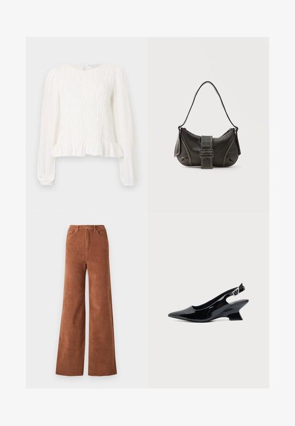 Blouse blanche avec une texture smockée, col rond, manches longues bouffantes et un ourlet froncé à la taille. Matière en coton léger.; Pantalons en velours côtelé à jambes larges dans une riche couleur brune, dotés de côtes verticales, de poches avant et d'une fermeture à bouton à la taille.; Chaussure slingback en cuir verni noir avec bout pointu et petit talon bloc incliné sur fond clair uni.; Sac à épaule en cuir noir avec une sangle à boucle, des bords arrondis et des coutures blanches contrastées sur un fond uni.