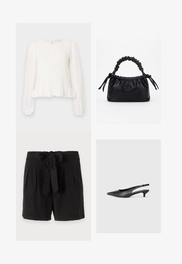 Witte blouse met een gesmokte textuur, ronde hals, lange puff mouwen en een franje aan de taille. Lichtgewicht katoenmateriaal.; Zwarte katoenen shorts met een strikgordel in de taille, plooien aan de voorkant en zijzakken. Gladde textuur en casual ontwerp.; Zwarte puntschoen met slingback van soepel leer. Kenmerkt zich door een dunne hak en een gespdetail op de verstelbare band.; Zwarte handtas met krokodillenstructuur, geplooide bovenrand, samengevoerde handgreep en koordtassels aan elke kant tegen een witte achtergrond.