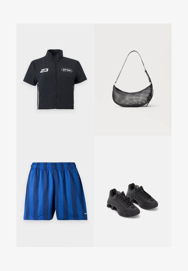 Veste noire zippée manches courtes avec col montant, "23" blanc sur la poitrine gauche et logo "jordan" sur la poitrine droite.; Shorts de sport bleus avec des rayures verticales foncées et claires et une ceinture élastique en tissu maille respirant.; Chaussures de sport noires avec un dessus en synthétique lisse, des accents texturés, un design à lacets et un amorti en ressort visible au niveau du talon.; Petit sac d'épaule noir en mesh en forme de croissant avec une lanière fine réglable, sur un fond clair uni.