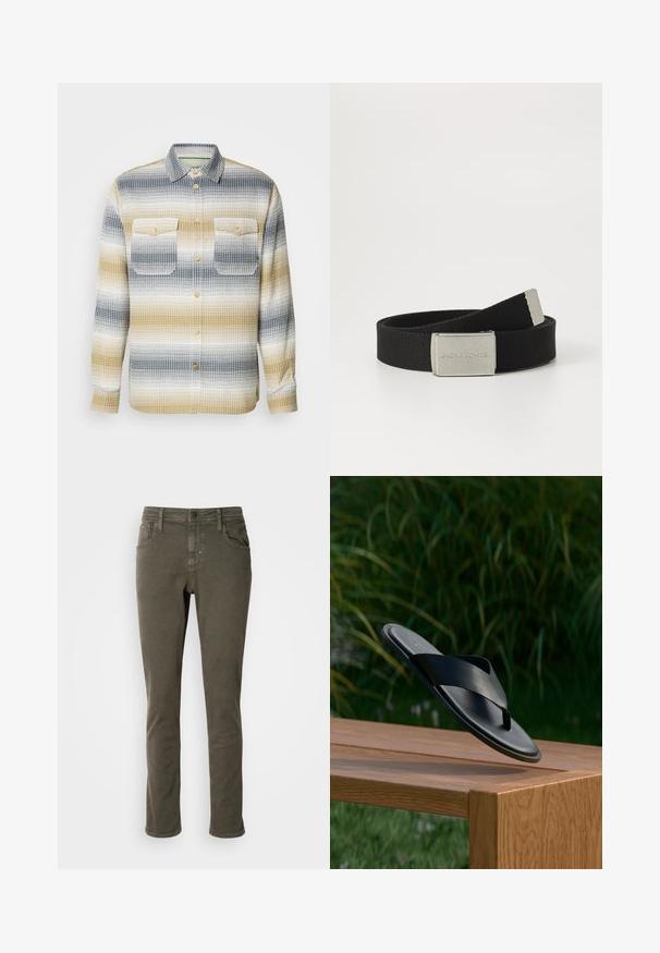 Geweven shirt met een geruit patroon in marineblauw, grijs en mosterdkleurige strepen, met een knoopsluiting aan de voorkant en twee borstzakken.; Antony Morato KURT COMFORT - Jeans Tapered Fit - dark olive; Zwarte leren slidesandaal met kruisbanden die boven een houten bankje buiten zweeft met een groene bladachtergrond.; Zwarte geweven stoffen riem met een rechthoekige zilveren metalen gesp, met het verhoogde merk "JACK & JONES." Eenvoudig, verstelbaar ontwerp.