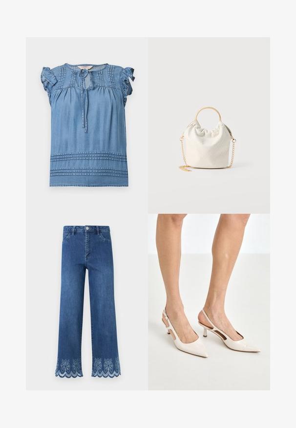 Blouse bleue sans manches avec épaules à volants, détails plissés près de l'encolure et de l'ourlet, et fermeture à nouer sur le devant.; Jean en denim bleu avec une taille haute et des découpes en dentelle florale festonnée le long des ourlets larges des jambes.; Escarpins à talon slingback en cuir verni beige avec un bout pointu et un talon de 5 cm, présentant des côtés découpés et une fine bride à la cheville.; Petite sac à main blanc tissé avec poignée ronde en or et bandoulière chaîne en or, présenté sur un fond neutre.