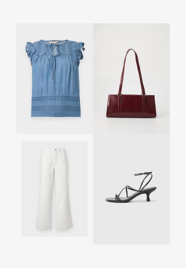 Blauwe mouwloze blouse met gerimpelde schouders, pintuck-details bij de halslijn en zoom, en een striksluiting aan de voorkant.; Witte wijde jeans met hoge taille, voorzakken, riemlussen, knoopsluiting en decoratieve zijstrikdetails aan beide pijpen.; Zwarte hoge hakken sandalen met dunne banden, open teen ontwerp en een kleine, uitlopende hak. Het materiaal lijkt glad en glanzend.; Bourgondische handtas van glanzend materiaal, rechthoekige vorm, met twee schouderbanden en subtiele gebogen accenten aan de voorkant.