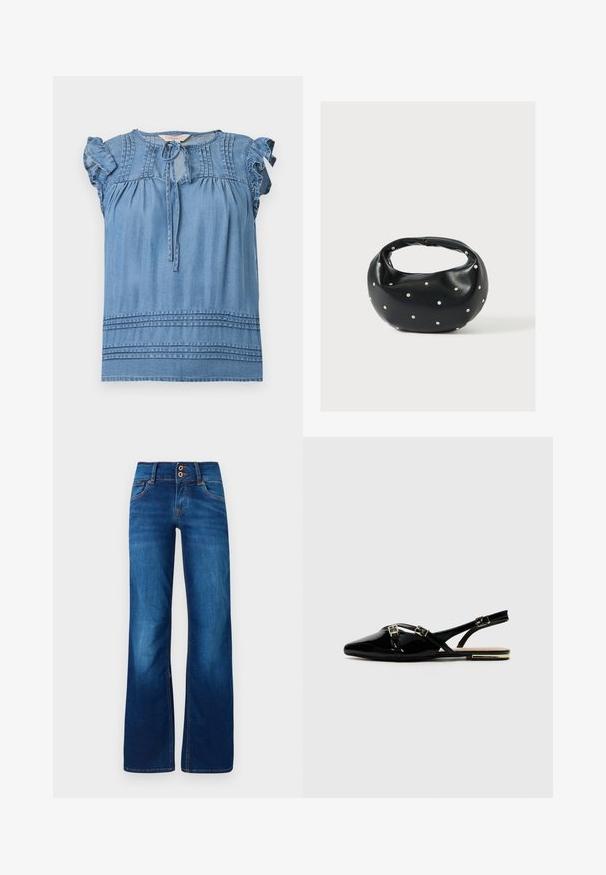Blauwe mouwloze blouse met gerimpelde schouders, pintuck-details bij de halslijn en zoom, en een striksluiting aan de voorkant.; Brede blauwe spijkerbroek van denim, met twee voorknoopjes, oranje stiksel en een gladde textuur. Klassiek vijf-pocket ontwerp.; Zwarte gepatineerde slingback schoenen met een spitse neus, voorzien van twee gouden gespen en een kleine hak. Glad textuur en minimalistischer ontwerp.; Zwarte leren handtas met een afgeronde vorm, versierd met zilveren studs, en een korte handgreep. Gladde textuur en ritsluiting.