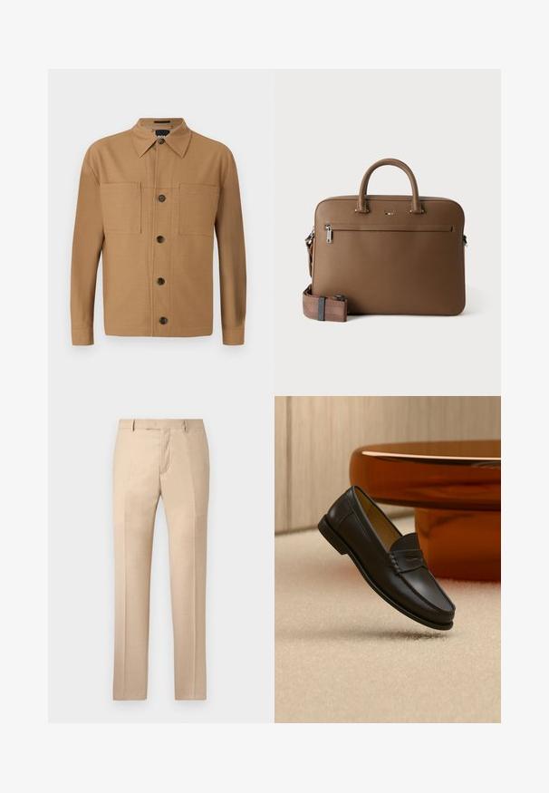 BOSS CRAIG - Košeľa - medium beige; Béžové nohavice na mieru s hladkým povrchom, plochým predným dielom a rovnými nohami. Obsahujú pútka na opasok a skrytý zips.; Čierny kožený mokasín zavesený nad béžovým kobercom s moderným nábytkom farby jantáru v pozadí.; Hnedá kožená aktovka s hornými rukoväťami, predným vreckom na zips a odnímateľným zodpovedajúcim ramenným popruhom na bielom pozadí.