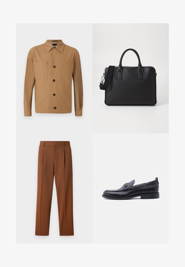 BOSS CRAIG - Hemd - medium beige; Braune Hosen mit einer glatten, matten Textur, mit Bundfalte und geraden Beinen. Hergestellt aus leichtem, atmungsaktiven Stoff.; Schwarzer Lederloafer mit grauem, strukturiertem Vorderblatt, silberner Metallschnalle, niedrigem Absatz und Zuglasche hinten.; Schwarze Ledertasche mit strukturierten Oberflächen, zwei Griffen und einem abnehmbaren Schultergurt. Verfügt über silberne Reißverschlüsse und minimalistische Designelemente.