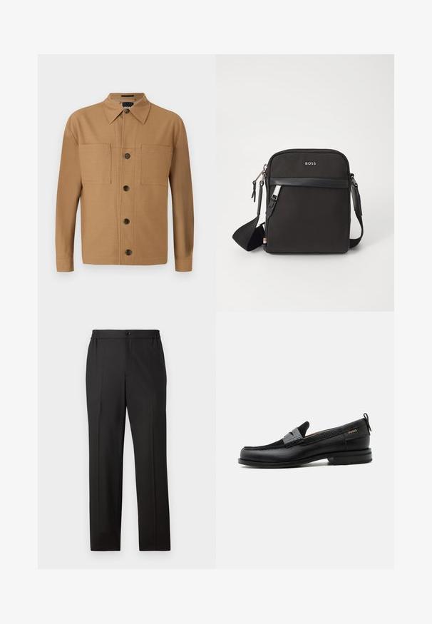 BOSS CRAIG - Chemise - medium beige; Pantalon noir avec une coupe droite, taille élastique avec fermeture à bouton, devant plat et texture de tissu lisse.; Mocassin en cuir noir avec détail de bride grise, talon bas et semelle texturée, marqué "HUGO" en or sur le côté.; Sac bandoulière noir en tissu texturé, avec un logo sur le devant, fermeture éclair et une bandoulière réglable. Finitions en cuir lisse.