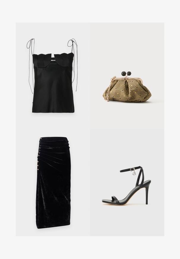 Sort ærmeløs top med en bølget halsudskæring, lavet af glat stof. Har justerbare skulderbånd og et enkelt, tætsiddende design.; Rabanne Pencil skirt - black; Sort hæl-sandal med smal ankrem, firkantet tå-boks, glat lædermateriale og metalspænde som pynt.; Lille clutch taske med gyldent og sort geometrisk mønster, guldfarvet metalramme, sort kuglelås og en kort guldkæde som rem.