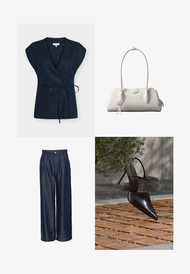 Mouwloze marineblauwe overslagtop met V-hals, losse pasvorm en zelfbindende ceintuur in de taille, plat gelegd op een witte achtergrond.; Navyblauwe denim broeken met wijde pijpen en een hoge taille, met voorplooien en gouden stikselaccenten, een gladde textuur en een knoopsluiting.; Glanzende zwarte hoge hak mule met spitse neus en enkelriem, zwevend boven een oppervlak met terracottategels en grindvoegen.; Witte Calvin Klein schoudertas met lange hengsels, rechthoekige vorm, ritssluiting en decoratieve logohanger bij het hengsel.