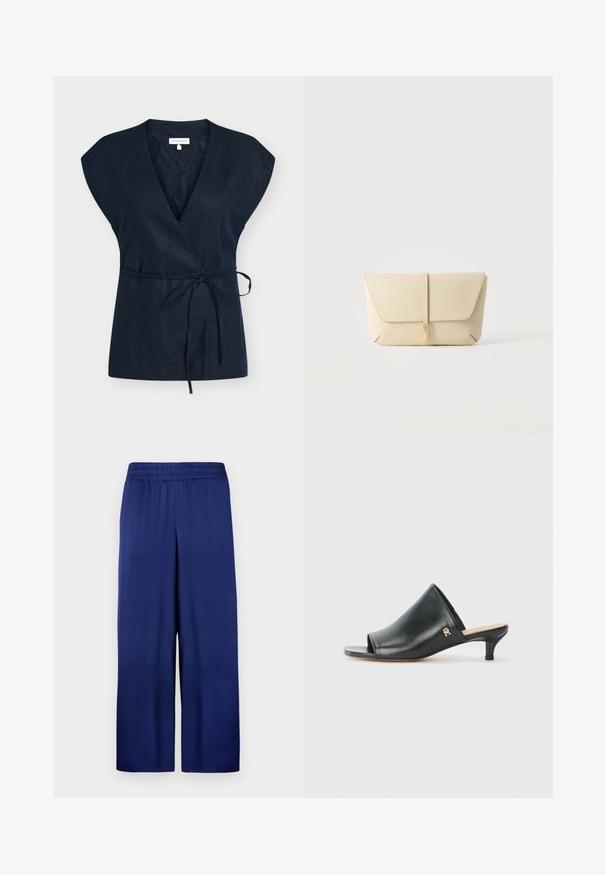 Top cruzado sin mangas de color azul marino con escote en V, corte suelto y cinturón para atar en la cintura, colocado plano sobre un fondo blanco.; Pantalones de pierna ancha en azul marino con una cintura elástica, fabricados en tela suave, que presentan un diseño simple y funcional sin patrones visibles.; Mules de cuero negro de punta abierta con un tacón bajo. Presentan una superficie lisa y un acento del logo dorado en el costado.; Bolso de mano beige de cuero con solapa frontal y cierre vertical con correa, sobre un fondo claro y liso.
