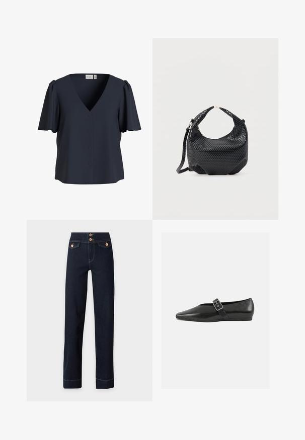 Marineblå V-hals kortærmet bluse med knapper foran og let puffede ærmer, mærket "VILA".; Mørkeblå jeans med høj talje, lige ben, kobberknapper, klaplommer foran og synlige gule syninger.; Sorte læder flade sko med spidse tæer, prydet med en metallisk spænde over vristen og en lav, fleksibel sål.; Sort flettet læderhåndtaske med kort håndtag og aftagelig skulderrem, vist mod en ensfarvet lys baggrund.