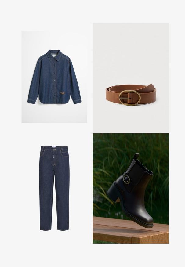 Dunkelblaue Denim-Hemdbluse mit langen Ärmeln, Kragen, sichtbaren Nähten und kleinem, am Saum eingesticktem "Marc O'Polo DENIM"-Logo.; Dunkelblaue Denim-Jeans mit geradem Schnitt, ausgestattet mit orangen Nähten, Fronttaschen und einem Knopfverschluss. Robustes Material mit glatter Textur.; Schwarzer Leder-Stiefelette mit niedrigem Absatz und seitlicher Schnalle, die über einer Holzoberfläche im Freien mit grünem Laub im Hintergrund schwebt.; Brauner Ledergürtel mit einer ovalen Messingschnalle, auf einem schlichten weißen Hintergrund präsentiert.