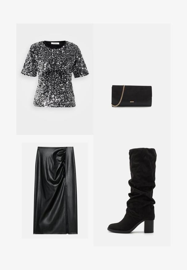 T-shirt noir à manches courtes recouvert de paillettes argentées brillantes, avec un col rond et une finition textile lisse. Étiquette visible au niveau du col.; Jupe en cuir noir avec une texture lisse, présentant une section froncée sur un côté et une fente sur le côté pour un détail supplémentaire.; Anna Field by Zalando Bottes - black; Porte-monnaie noir en daim avec une finition texturée, doté d'une chaîne dorée et d'un design épuré et angulaire.
