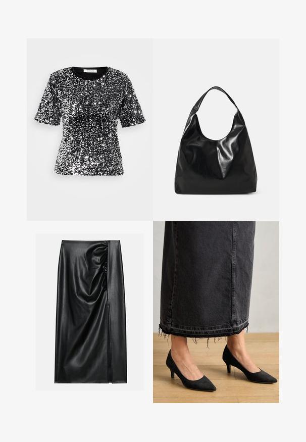 T-shirt noir à manches courtes recouvert de paillettes argentées brillantes, avec un col rond et une finition textile lisse. Étiquette visible au niveau du col.; Jupe en cuir noir avec une texture lisse, présentant une section froncée sur un côté et une fente sur le côté pour un détail supplémentaire.; Escarpins en suede noirs avec un bout pointu et un talon de 3 pouces, associés à une longue jupe en denim foncé présentant des détails d'ourlet effilochés.; Sac hobo en cuir noir avec une texture douce et brillante et un haut ouvert arrondi. Dispose d'une large sangle courbée pour le transport. Pas de matériel visible.