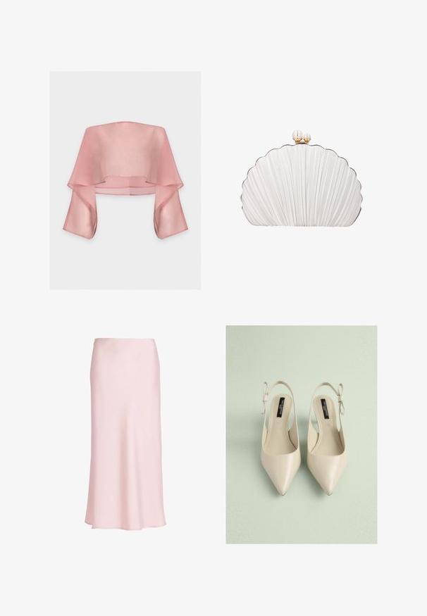 Transparante roze off-shoulder crop top met brede, vloeiende mouwen en een losse, gelaagde vorm.; Lichtroze satijnen midi rok met een gladde, vloeiende textuur en een eenvoudige tailleband, afgebeeld op een witte achtergrond.; Beige slingback schoenen met puntige neus en een glad leren afwerking, voorzien van een strikdetail op de hiel en een open achterkant.; Witte clutch in de vorm van een sint-jakobsschelp met geplooide textuur en een gouden sluiting met twee parelachtige kralen erop.