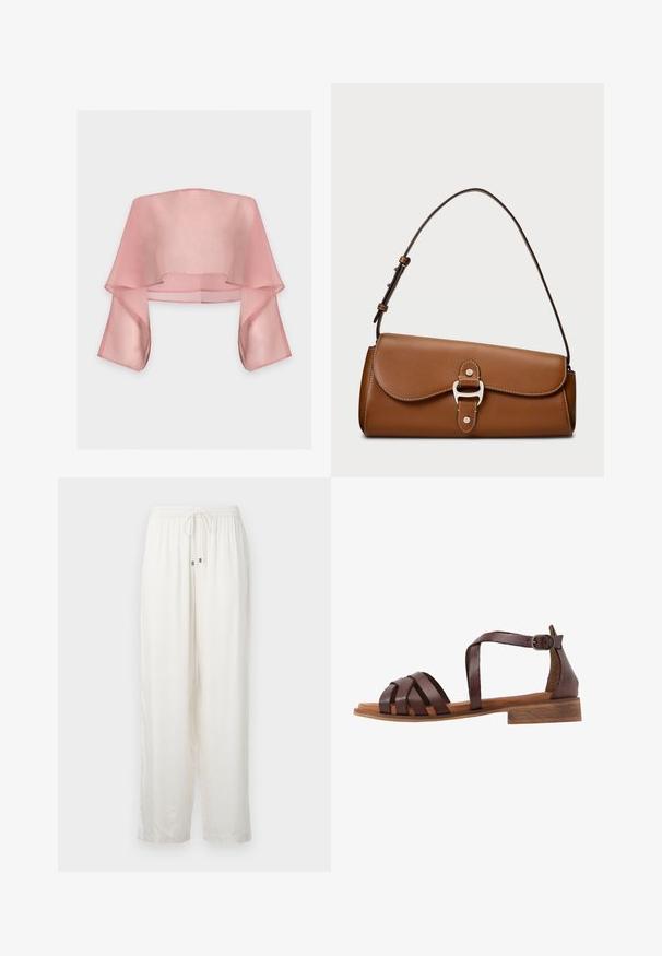 Priesvitný ružový crop top s odhalenými ramenami, širokými, splývavými rukávmi a voľným, vrstveným dizajnom.; Biele, ľahké, voľné nohavice s elastickým pásom a šnúrkou. Majú jemný lesk a rovný strih.; Hnedé kožené sandále s tkanými popruhmi a remienkom okolo členka. Majú nízky, masívny drevený podpätok a hladkú, plochú stielku.; Hnedá kožená taška cez rameno so zaobleným tvarom, so predným klopovým uzáverom, striebornými kovovými prvkami a kontrastným šitím.