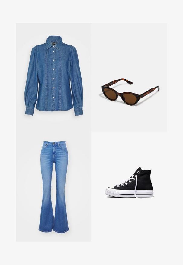 Vero Moda VMEUDORA FRILL - Skjortebluser - medium blue denim; Lyseblå, trompetformede jeans lavet af denim, med høj talje, fem lommer og en let falmende farve mod kanten. Sølvfarvet knaplukning.; Sort high-top canvas sneaker med hvid gummisål og hvide snørebånd, vist fra siden mod en hvid baggrund.; Brune skildpadde solbriller med en vintage katteøje-form og brune linser. Har buede arme med røde detaljer.