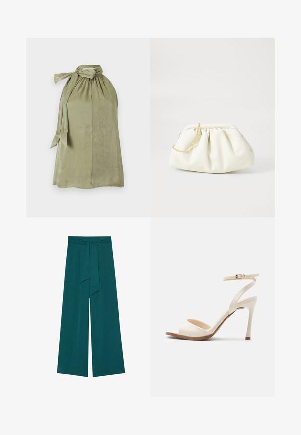 Haut sans manches vert olive clair avec encolure froncée, nœud noué sur un côté et tissu ample et fluide.; Pantalons à jambes larges dans une teinte bleu sarcelle profonde avec une finition texturée, dotés d'une taille nouée pour un ajustement réglable et d'une silhouette fluide.; Sandale à talon haut beige avec fine bride de cheville et boucle dorée, bout ouvert et talon aiguille élégant sur fond blanc.; Sac à main en cuir blanc avec un design plissé, doté d'une bandoulière en chaîne dorée et d'une forme arrondie. Texture lisse avec des plis doux et sans motifs.