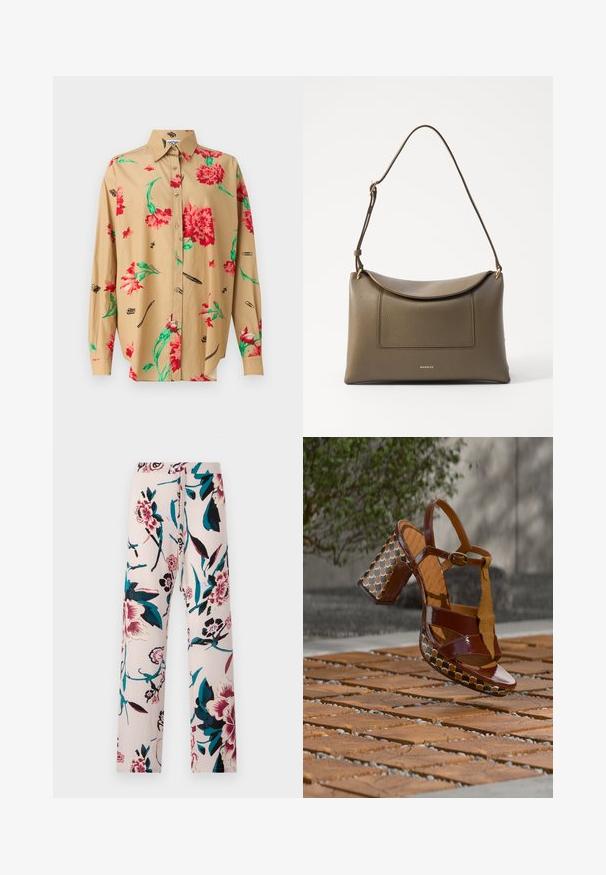 Hihaton beige paita, jossa on napitettavat kaulukset. Siinä on punaisia ja vihreitä kukkakuoseja sekä erilaisia mustia luonnoksia, kuten kyniä ja klipsuja.; Diane von Furstenberg DIANE PANT - Housut - light pink; Ruskeat kiiltävän nahkaiset korolliset sandaalit, joissa on kuvioitu paksukoroke, ohuet remmit ja solkilukitus. Aseteltu teksturoidun pinnan päälle.; Olivgrön läderhandväska med en texturerad yta, ett lockstängning och en justerbar rem. Har en framlomma och detaljer i guldton.