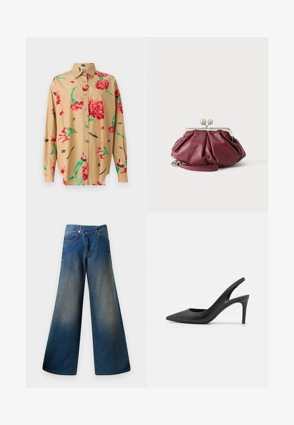 Beige overhemd met lange mouwen en een button-down kraag. Bevat een rood en groen bloemenpatroon en verschillende zwarte schetsen, waaronder pennen en paperclips.; Wijdgevallen blauwe spijkerbroek van denim, met een licht vervaagde afwerking, zichtbare stiksels, twee voorkanten zakken en een knoopsluiting.; Zwarte leren slingback hoge hakken met een puntige neus, met een uitsparing aan de voorkant en een dunne stilettohak.; Kleine bordeauxrode leren clutch met zilveren metalen gesp en polsriem op een witte achtergrond.