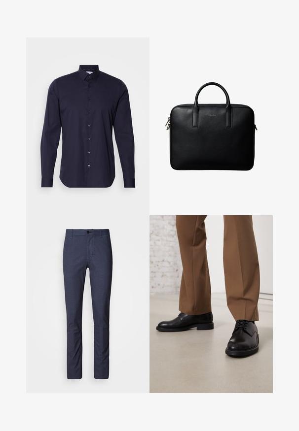 Marineblauwe overhemd met lange mouwen, klassieke kraag en een slanke pasvorm. Gemaakt van een gladde stof met een subtiele logo op de borst.; Donkerblauwe broek in een slim fit met een subtiel textuurpatroon, voorzien van een knoopsluiting en traditionele zakken. Glad stoffen afwerking.; Zwarte leren schoenen met een gladde oppervlakte en een ronde neus, metveterafsluiting en een lage, platte zool. Gecombineerd met bruine broeken.; Zwarte gestructureerde leren aktetas met dubbele handvatten en zilveren ritstrekkers, gecentreerd op een witte achtergrond.
