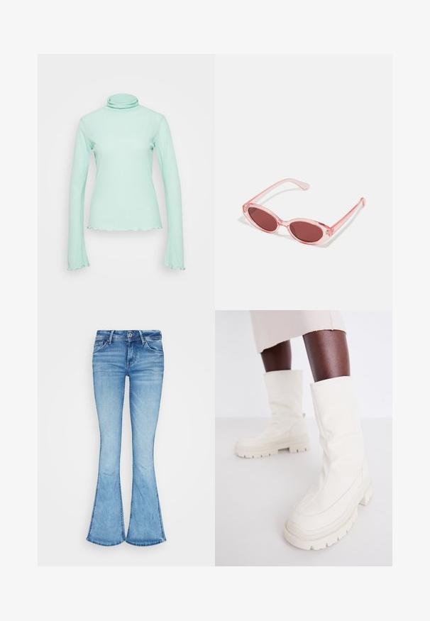 Mads Nørgaard HARTHA TOP - Langærmet T-shirt - cabbage; Lyseblå, flagrende denimjeans med mid-rise talje, fem lommer og subtilt slid; har syninger langs sømmene.; Hvide ankelstøvler med en blød, struktureret finish, der har en kraftig gummisål og en skulptureret form for et moderne design.; Lyserøde transparente solbriller med ovale linser, mørkerød toning og slanke stænger, der har en glat overflade og diskret detaljering på rammen.