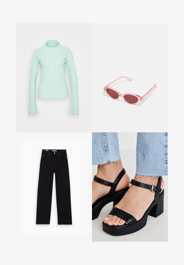 Mads Nørgaard HARTHA TOP - Langærmet T-shirt - cabbage; Sorte denim jeans med lige pasform, fem lommer, kobberdetaljer og en glat tekstur. To mærker synlige på taljebåndet.; ALDO CELIE - Højhælede sandaletter / Højhælede sandaler - black; Lyserøde transparente solbriller med ovale linser, mørkerød toning og slanke stænger, der har en glat overflade og diskret detaljering på rammen.