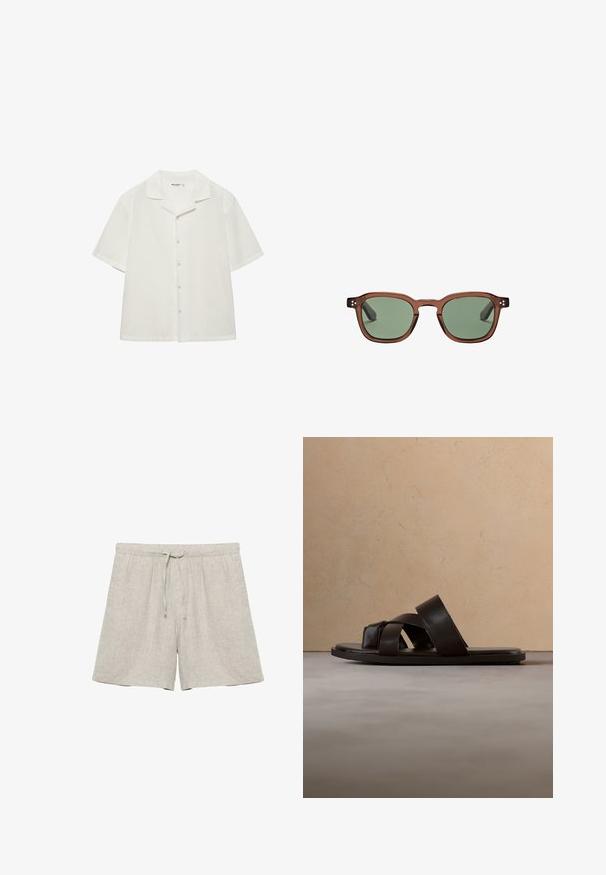 Hvid kortærmet skjorte med knapper og spredt krave, vist mod en ensfarvet hvid baggrund.; Lyse beige hørshorts med elastisk linning og snor, lige ben, ingen synlige mærker eller mønstre.; Sort lædersandal med tre krydsede stropper, flad sål og glat tekstur, hængende over et vævet naturskinds tæppe.; Brune gennemsigtige rektangulære solbriller med grøntonede linser og små dekorative sølvprikker nær hængslerne.