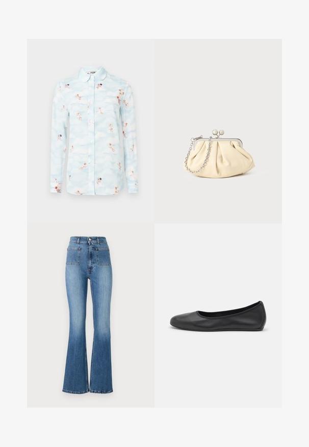 Lysblå langærmet skjorte med knaplukning og rund krave, dekoreret med et mønster af engle og skyer.; Bredde blå denim jeans med høj talje, der har to baglommer og en falmet vask. Nederkanten er syet med et subtilt design.; Sort læderballetsko med rund tå, glat tekstur, minimal syning og et fleksibelt såldesign.; Plisseret beige læderclutch med en sølvmetalramme, der har to runde dekorative låse og en sølvkædetrasporte.