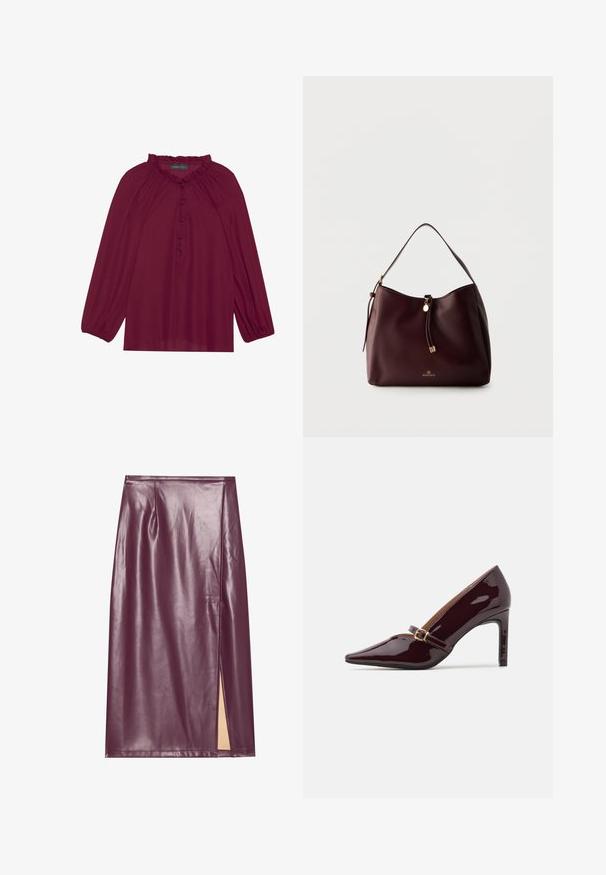 Bordeaux blouse met lange poefmouwen, een gerimpelde halslijn en een knoopsluiting aan de voorkant. Zachte, lichte stof met een gladde textuur.; Bordeaux faux leren kokerrok met een zijsplits, een gladde textuur en naaddetail. De rok heeft een aansluitende silhoeët en een knie-lange lengte.; Patente bordeaux hoge hak schoen met puntige neus, enkelsluitle met gouden hardware en een strakke, gepolijste afwerking. Verhoogde stiletto hak.; Donkerbruine leren schoudertas met gevlochten kwastje, gouden accenten en het Anna Field-logo aan de voorkant tegen een effen lichte achtergrond.
