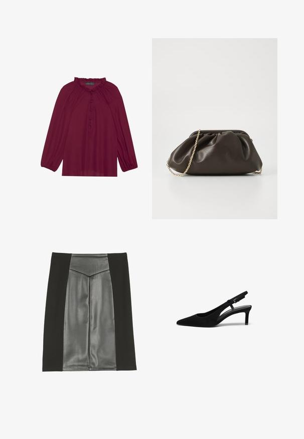 Blusa burdeos con mangas largas abullonadas, un escote con volantes y un cierre de botones en la parte delantera. Tejido suave y ligero con una textura lisa.; Anna Field by Zalando Falda acampanada - black; Zapato slingback de ante negro con punta afilada, tacón bajo, lado abierto y correa ajustable con hebilla de metal. Textura suave.; Bolso de mano de cuero marrón con un diseño fruncido, correa de cadena dorada y un acabado suave y texturizado. Forma compacta adecuada para uso nocturno.