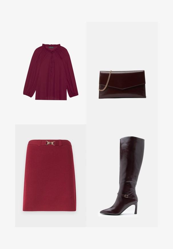 Bordeaux blouse met lange poefmouwen, een gerimpelde halslijn en een knoopsluiting aan de voorkant. Zachte, lichte stof met een gladde textuur.; Bordeauxrode rok tot op de knie met lussen voor een riem en een gouden paardenbitgespdetail aan de tailleband.; Kastanjebruine leren laarzen tot de knie met een spitse neus, een stilettohak en een decoratieve gespsluiting rond de enkel. Glad van structuur.; Leren clutch in donkerbordeaux met een envelopontwerp. Voorzien van een gouden kettingriem, een gladde textuur en een spitse klep sluiting.
