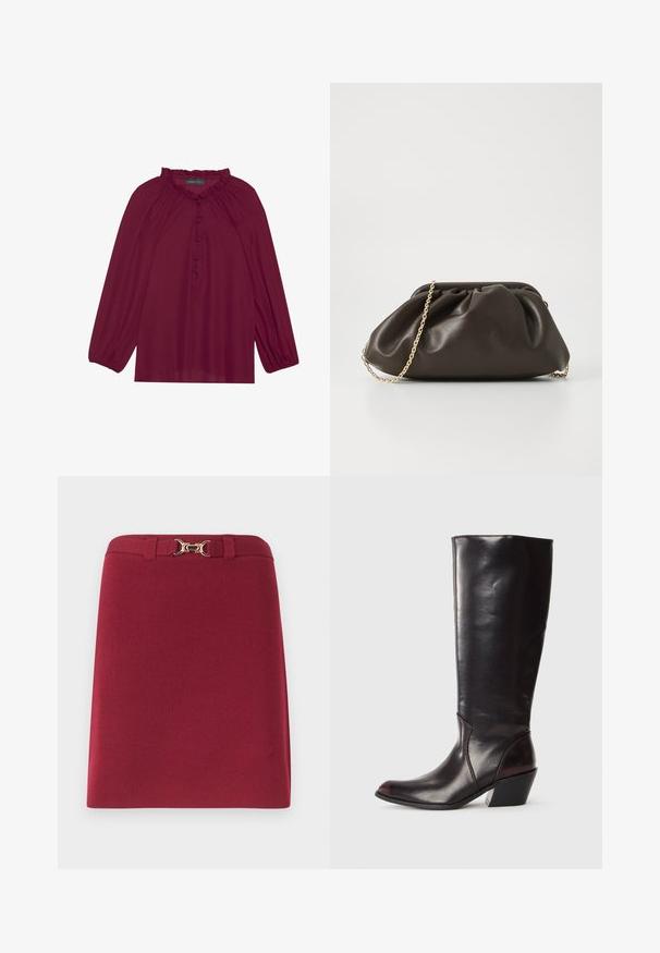 Bordeaux blouse met lange poefmouwen, een gerimpelde halslijn en een knoopsluiting aan de voorkant. Zachte, lichte stof met een gladde textuur.; Bordeauxrode rok tot op de knie met lussen voor een riem en een gouden paardenbitgespdetail aan de tailleband.; Knielange, donkerbruine leren laars met een spitse neus, hoekige blokhak en een gladde, glanzende textuur. Heeft een strak ontwerp en stikdetails.; Bruine leren handtas met een geaccentueerd ontwerp, gouden kettinghengsel en een zachte, textuurafwerking. Compacte vorm geschikt voor avondgebruik.