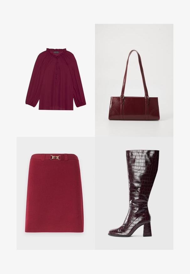Blouse bordeaux avec de longues manches bouffantes, un col froncé et une fermeture à boutons. Tissu doux et léger avec une texture lisse.; Jupe bordeaux longueur genou avec passants de ceinture et détail boucle mors dorée à la taille.; Botte à genoux bordeaux foncé avec texture crocodile et talon bloc sur fond blanc, vue de côté.; Sac à main bordeaux en matériau brillant, de forme rectangulaire, avec deux anses et des accents légèrement courbés à l'avant.