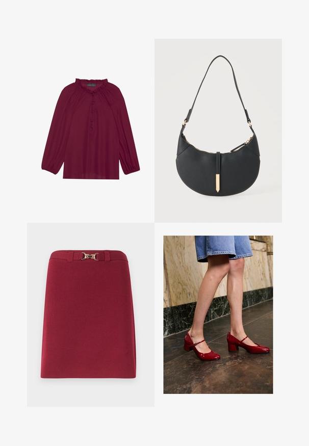 Bordeaux blouse met lange poefmouwen, een gerimpelde halslijn en een knoopsluiting aan de voorkant. Zachte, lichte stof met een gladde textuur.; Bordeauxrode rok tot op de knie met lussen voor een riem en een gouden paardenbitgespdetail aan de tailleband.; Persoon in glanzende rode Mary Jane blokhakken en een blauwe denim rok, staand op een donker betegelde vloer nabij een marmeren wand.; Zwarte handtas in halve maanvorm met een enkele band, gouden rits en een gouden rechthoekige decoratieve tab aan de voorkant.