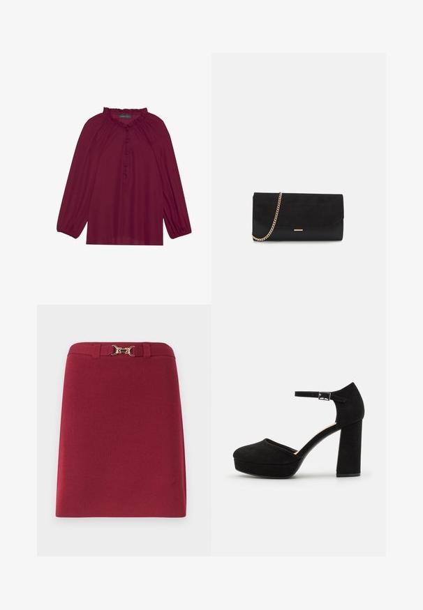 Blouse bordeaux avec de longues manches bouffantes, un col froncé et une fermeture à boutons. Tissu doux et léger avec une texture lisse.; Jupe bordeaux longueur genou avec passants de ceinture et détail boucle mors dorée à la taille.; Talons compensés en suède noir avec un gros talon carré, bout rond et bride de cheville fixée par une boucle en métal. Texture lisse sur l'ensemble.; Porte-monnaie noir en daim avec une finition texturée, doté d'une chaîne dorée et d'un design épuré et angulaire.