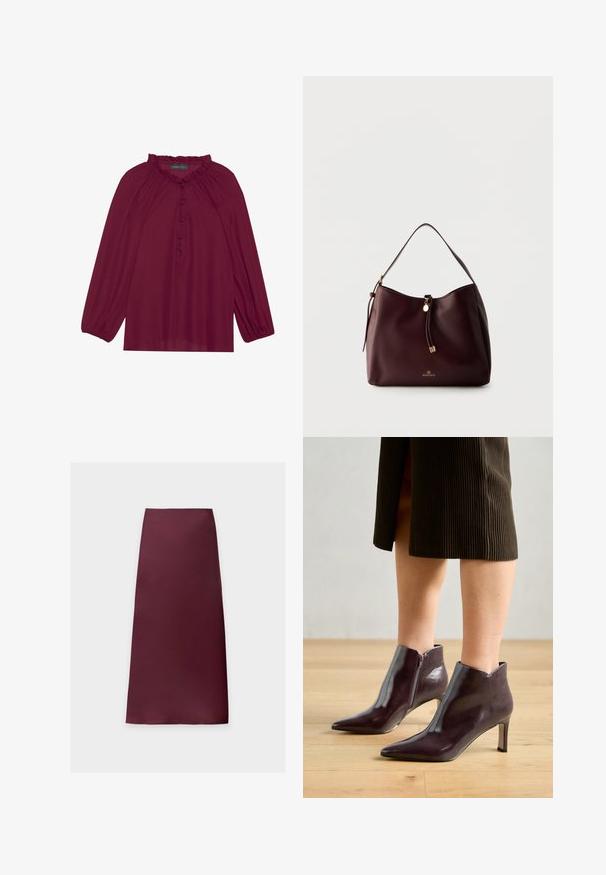 Blouse bordeaux avec de longues manches bouffantes, un col froncé et une fermeture à boutons. Tissu doux et léger avec une texture lisse.; Jupe midi droite de couleur bordeaux foncé unie, en tissu lisse sans motifs ni ornements visibles.; Bottines en cuir bordeaux à bout pointu et talon fin. Elles présentent une fermeture éclair sur le côté et une texture lisse et brillante.; Sac à épaule en cuir marron foncé avec un pompon tressé, des accents dorés et le logo Anna Field à l'avant, sur un fond clair uni.