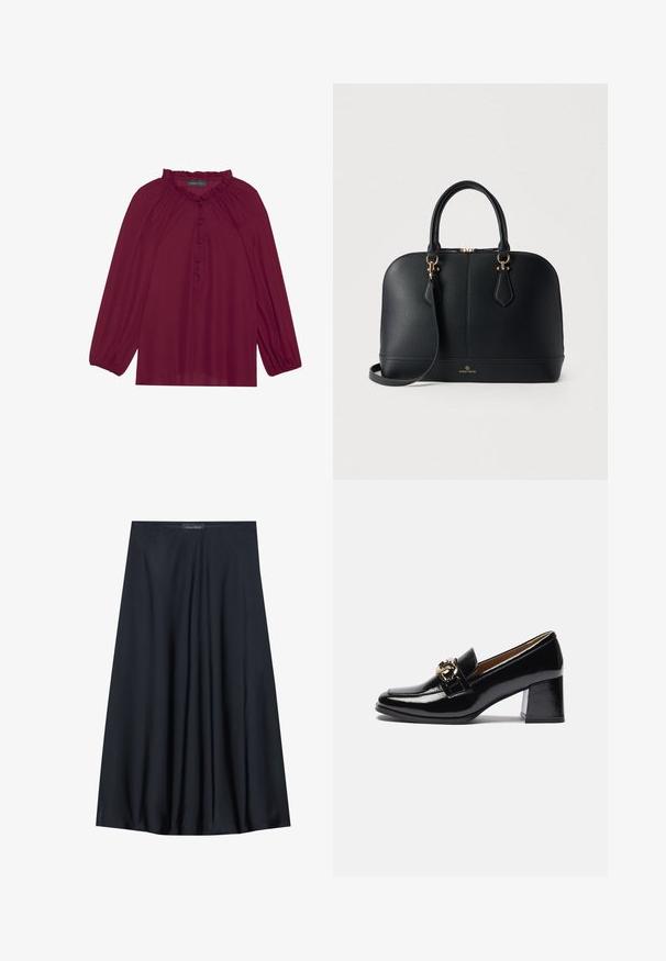 Bordeaux blouse met lange poefmouwen, een gerimpelde halslijn en een knoopsluiting aan de voorkant. Zachte, lichte stof met een gladde textuur.; Zwarte, knielange rok van lichtgewicht stof met een vloeiende uitstraling. Kenmerkt zich door een gladde textuur en subtiele plooien voor extra detail.; Zwarte gepatineerde leren instappers met hak, voorzien van een ronde neus, een chunkier hak en een gouden hardware accent op de voorband.; Zwart gestructureerd leren handtas met afgeronde vorm, dubbele handvatten, verstelbare schouderriem, gouden hardware en geperst merkembleem aan de voorkant.