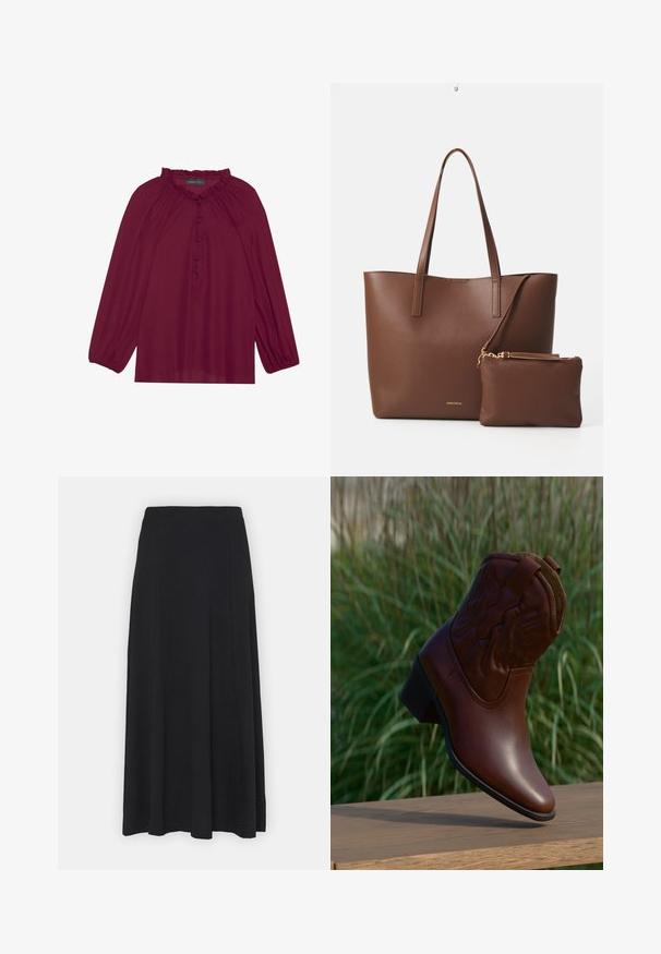 Blouse bordeaux avec de longues manches bouffantes, un col froncé et une fermeture à boutons. Tissu doux et léger avec une texture lisse.; Jupe maxi de couleur noire unie. Design évasé avec une texture lisse et une taille élastique. Aucune imprimé ni accent visible.; Botte de cowboy en cuir marron avec des coutures décoratives, inclinée vers le haut sur une surface en bois avec un arrière-plan flou d'herbe verte.; Sac fourre-tout en simili cuir marron avec deux longues poignées et une pochette assortie. La surface présente un motif texturé et des accents en métal doré.