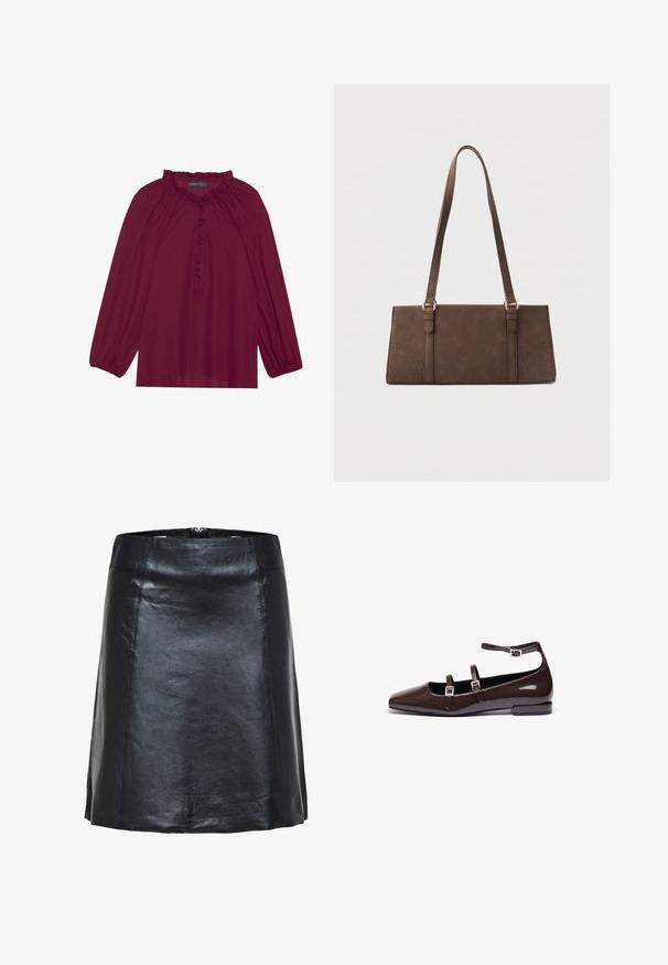 Blusa burdeos con mangas largas abullonadas, un escote con volantes y un cierre de botones en la parte delantera. Tejido suave y ligero con una textura lisa.; Falda negra de cuero en línea A con costuras visibles y un ligero brillo, con cintura alta y bajo corto.; Bailarinas de charol marrón con punta afilada, que presentan dos correas ajustables y hebillas de plata, además de un tacón cuadrado bajo.; Bolso marrón rectangular de hombro con correas largas y detalles mínimos de costura sobre un fondo liso.