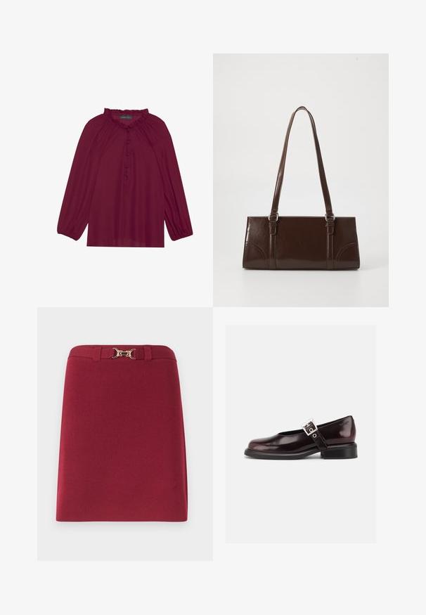 Βουργουνδίσιο μπλουζάκι με μακριά φουσκωτά μανίκια, ριγέ λαιμόκοψη και κουμπιά στο μπροστινό μέρος. Μαλακό, ελαφρύ ύφασμα με λείο υφή.; Μπορντό φούστα μέχρι το γόνατο με θηλιές για ζώνη και λεπτομέρεια αγκράφας σε χρυσό τόνο με σχέδιο αλογοντούρας στη μέση.; Μονή γυαλιστερή σκούρα μπορντό Mary Jane παπούτσι με φαρδιά λουρίδα και ασημένια αγκράφα, χαμηλό τακούνι block και στρογγυλεμένη μύτη σε λευκό φόντο.; Καφέ πατεντωμένη δερμάτινη τσάντα σε ορθογώνιο σχήμα, με δύο μακριές λαβές και λεπτές καμπύλες λεπτομέρειες στο μπροστινό μέρος.