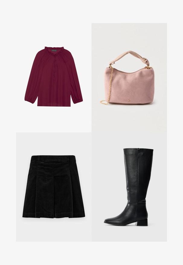 Bordeaux bluse med lange pufærmer, en flæset halsudskæring og knaplukning foran. Blødt, letvægtigt stof med en glat tekstur.; Sort fløjlskørt med plisseret design, der har en lige snit, tekstureret overflade og en talje for en sikker pasform.; Sorte læder knæhøje støvler med lav blokhæl og spids tå, vist fra siden på en ensfarvet lys baggrund.; Blød lyserød ruskindstaske med knudet hank, guldlynlås og guldkæde som stropdetalje mod en lys baggrund.