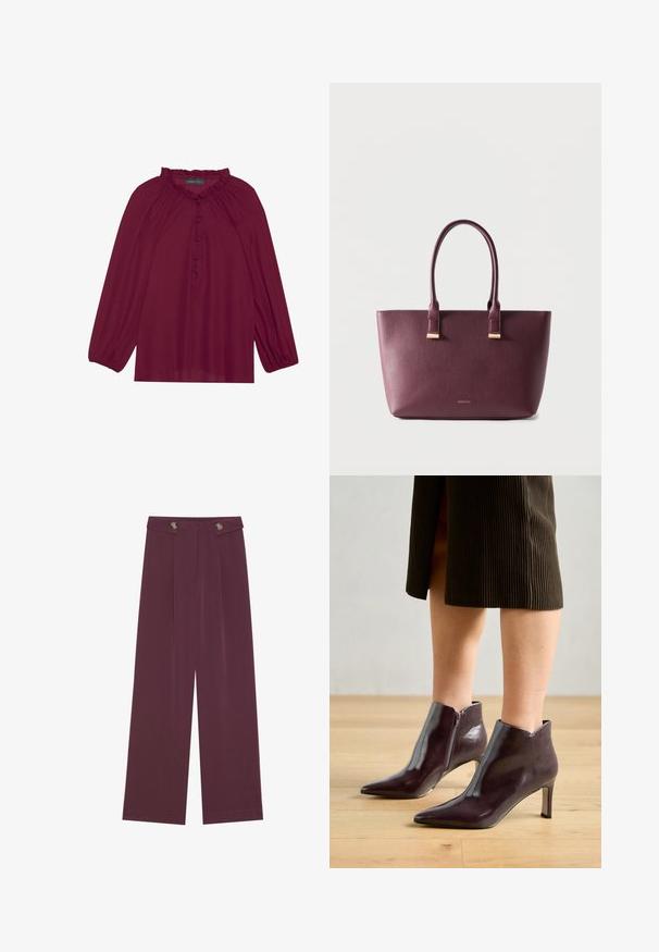 Bordeaux blouse met lange poefmouwen, een gerimpelde halslijn en een knoopsluiting aan de voorkant. Zachte, lichte stof met een gladde textuur.; Hogewaisted, wijde broek in diep pruim met twee knopen op de tailleband en zijzakken, plat weergegeven op een witte achtergrond.; Bordeaux leren enkel laarzen met een spitse neus en slanke hak. Beschikt over een zijrits en een gladde, glanzende textuur.; Donkerpaarse leren shopper met twee handvatten en klein gouden merkembleem aan de voorkant, afgebeeld tegen een effen lichte achtergrond.