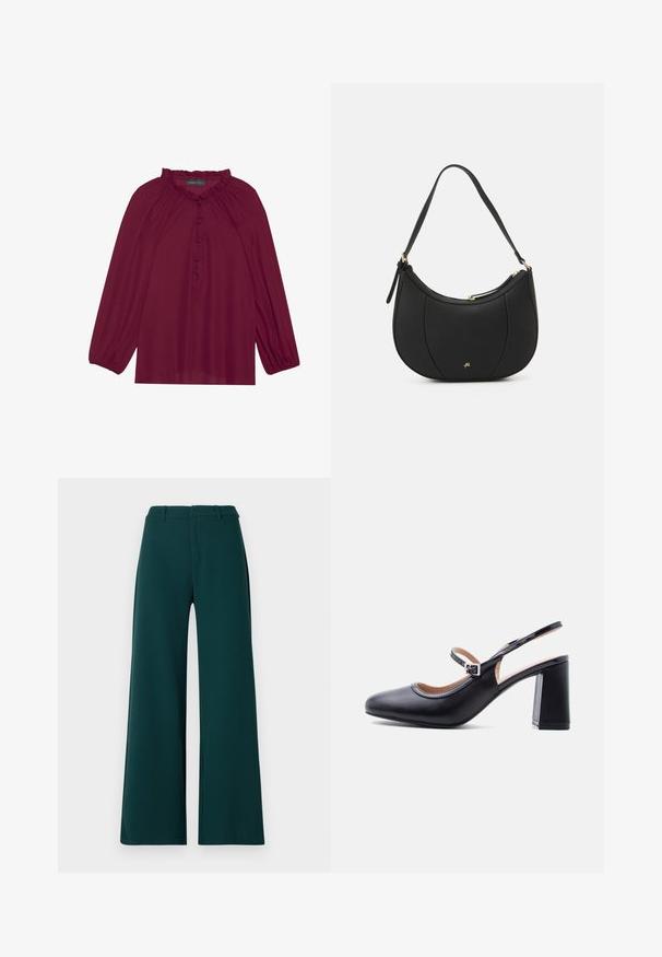 Blusa burdeos con mangas largas abullonadas, un escote con volantes y un cierre de botones en la parte delantera. Tejido suave y ligero con una textura lisa.; Pantalones de pierna amplia en tela de color verde oscuro. Presentan una cintura alta, pliegues frontales y trabillas para el cinturón. Textura suave y diseño a medida.; Zapato Mary Jane de cuero negro con tacón grueso y correa ajustable, mostrado de lado sobre fondo blanco.; Bolso de mano de cuero negro con forma curva, superficie texturizada, costuras frontales y un logo en tono dorado. Cuenta con una sola correa ajustable.