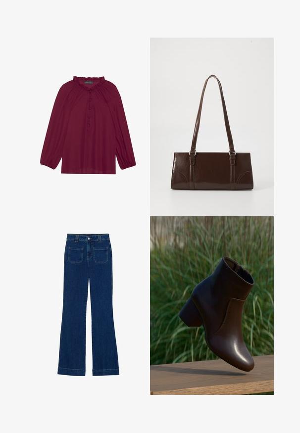 Blouse bordeaux avec de longues manches bouffantes, un col froncé et une fermeture à boutons. Tissu doux et léger avec une texture lisse.; Jean flare en denim bleu foncé avec une texture lisse, design à cinq poches et fermeture à bouton à la taille.; Bottine en cuir marron foncé à talon bloc flottant au-dessus d'une surface en bois, avec un arrière-plan flou d'herbe verte.; Sac à main en cuir verni marron de forme rectangulaire, avec deux longues poignées et des accents courbés subtils à l'avant.
