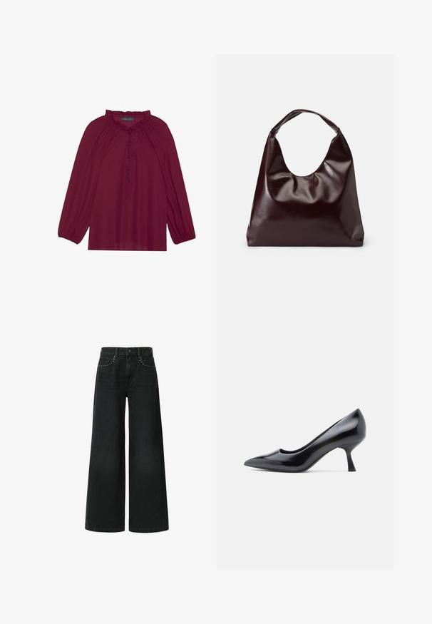 Bordeaux blouse met lange poefmouwen, een gerimpelde halslijn en een knoopsluiting aan de voorkant. Zachte, lichte stof met een gladde textuur.; Zwarte jeans met wijd uitlopende pijpen, gemaakt van denim, met een klassieke vijf-pocket design en decoratieve studded details nabij de voorkruiszakken.; Zwarte lakleren pump met een puntige neus en een mid-hoge stilettohak. Glad oppervlak en minimalistisch ontwerp zonder zichtbare versieringen.; Bordeaux, glanzende vegan leren totebag met een zachte, sculpturale vorm en een brede, gebogen handgreep voor makkelijk dragen.